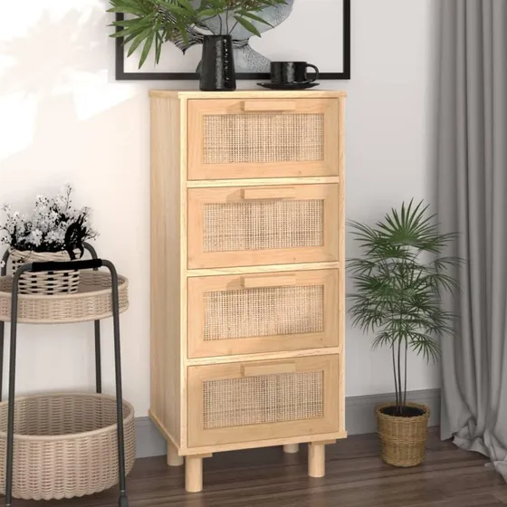 Skænk 40x30x90 cm i massivt fyrretræ og naturlig rattan, brun