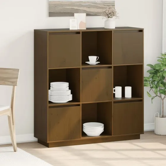 vidaXL Højskab i massivt fyrretræ 110,5x35x117 cm – gyldenbrun