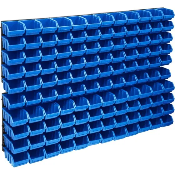 vidaXL opbevaringssæt med vægpaneler 128 dele, blå/sort
