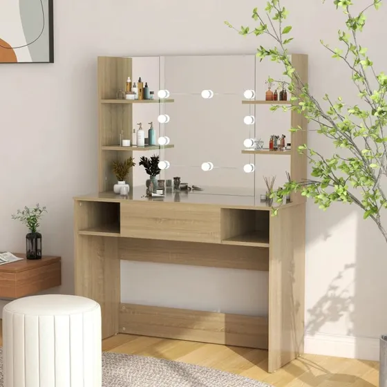 vidaXL Makeupbord med LED 100x40x135 cm MDF egetræ