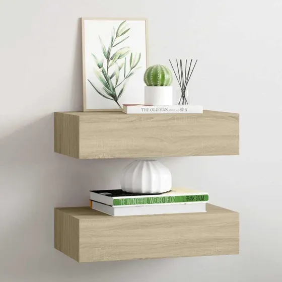 vidaXL væghylder med skuffer 2 stk. MDF egetræs 40x23,5x10 cm