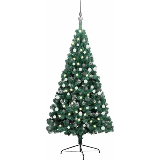 vidaXL kunstigt halvt juletræ 150 cm med lys & kugler - grøn