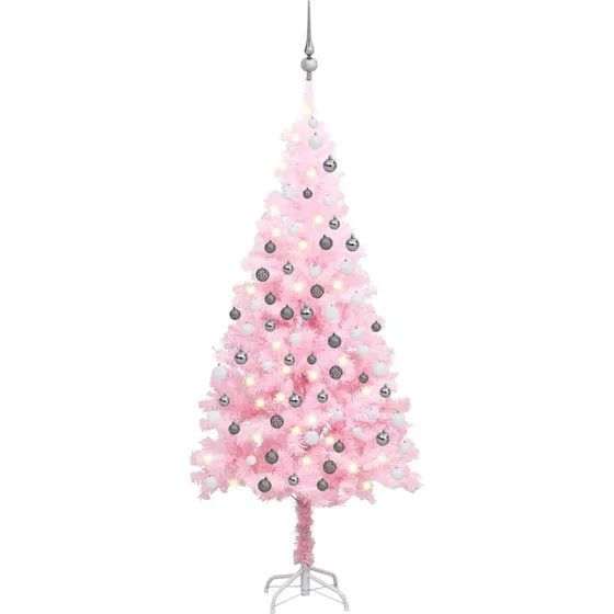 vidaXL kunstigt juletræ 180 cm PVC lyserød med LED-lys og kugler