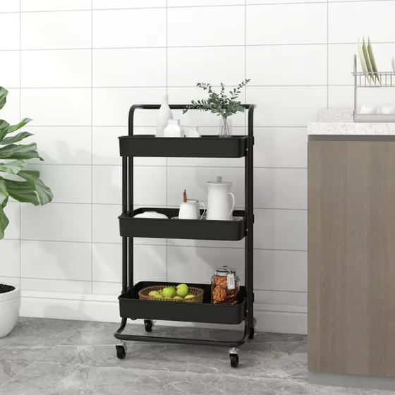 vidaXL køkkenvogn 3 hylder 42x35x85 cm sort (jern/ABS)