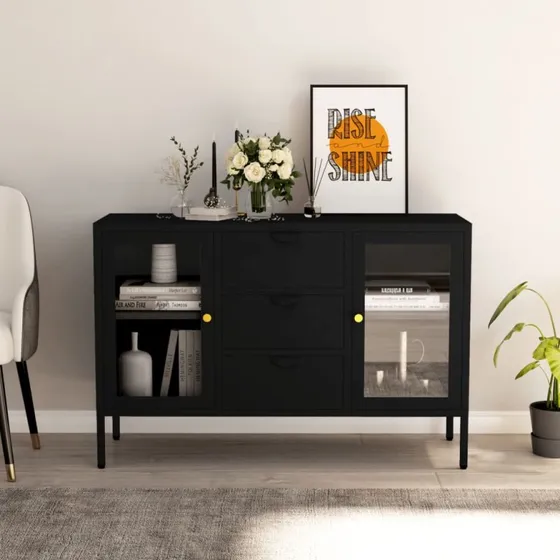 vidaXL skænk 105x35x70 cm i sort stål og glas