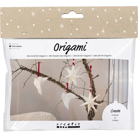 Mini DIY Kit Origami – duer og stjerner, mørk rød/råhvid