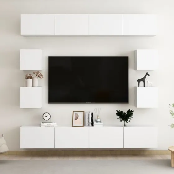 vidaXL tv-skabssæt 8 dele konstrueret træ hvid 200 cm