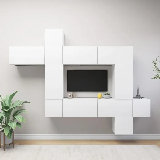 TV-skabssæt 10 dele, konstrueret træ, 9/100 cm, hvid