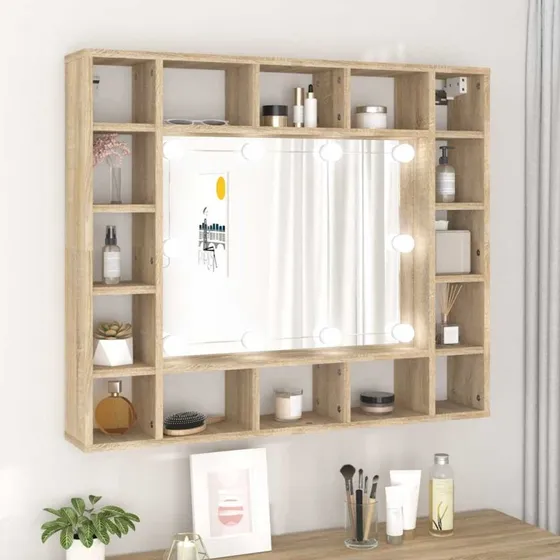 vidaXL spejlskab med LED 91x15x76,5 cm Sonoma-eg
