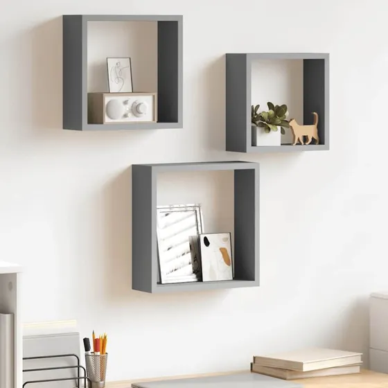 vidaXL væghylder 3 stk. kubeformede MDF grå 30x10x30 cm