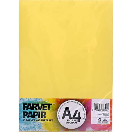 Farvet papir A4 80 g – 100 ark, 10 farver