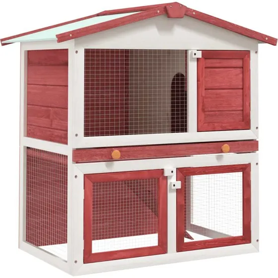 vidaXL udendrs kaninbur i tr med 3 dre, rd