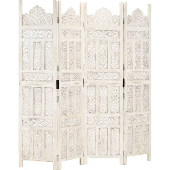 vidaXL Rumdeler 4-panel Håndskåret 160x165 cm Massivt Mangotræ Hvid