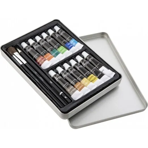 Akvarelmalersæt 12 tuber i metalæske med 2 pensler & blyant