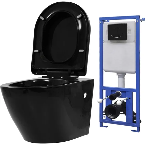 vidaXL væghængt toilet, keramisk sort med skjult cisterne