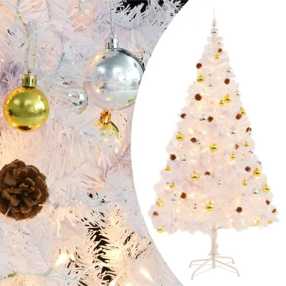 vidaXL kunstigt juletræ 210 cm hvid med LED-lys og julekugler