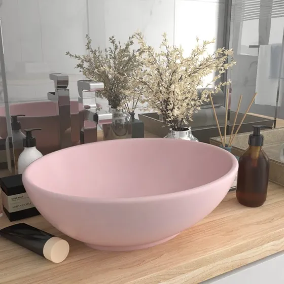 vidaXL håndvask oval 40x33 cm keramisk mat pink