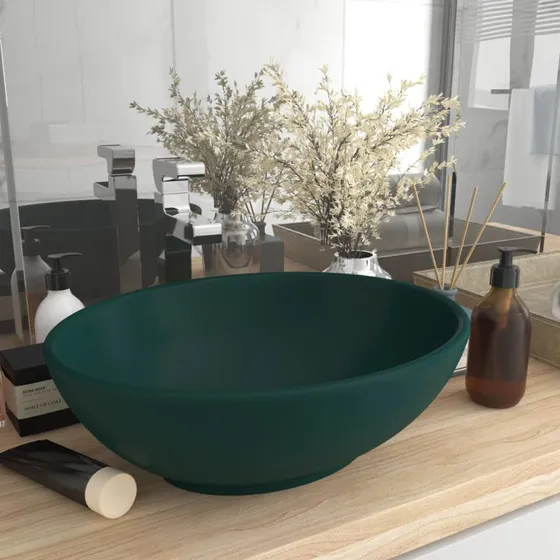 vidaXL håndvask 40x33 cm oval keramisk mat mørkegrøn