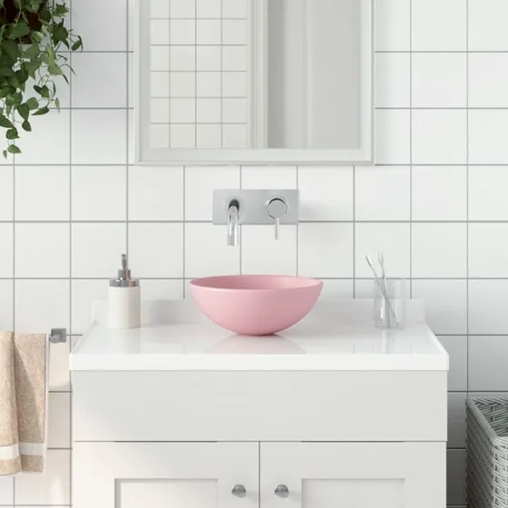 vidaXL keramisk overmonteret håndvask rund mat pink