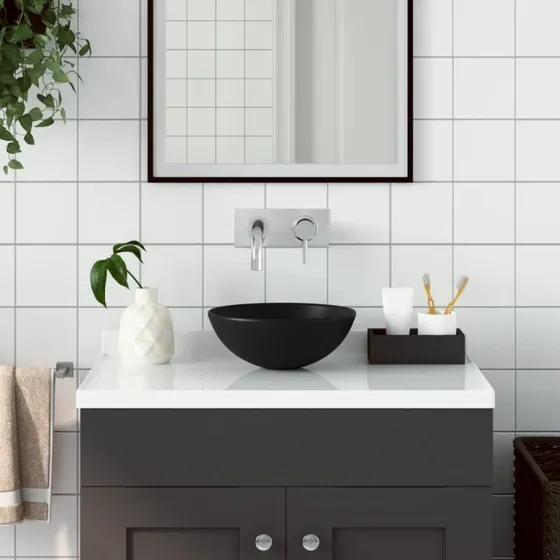 vidaXL keramisk håndvask rund mat sort, overbord, afløb 4,5 cm