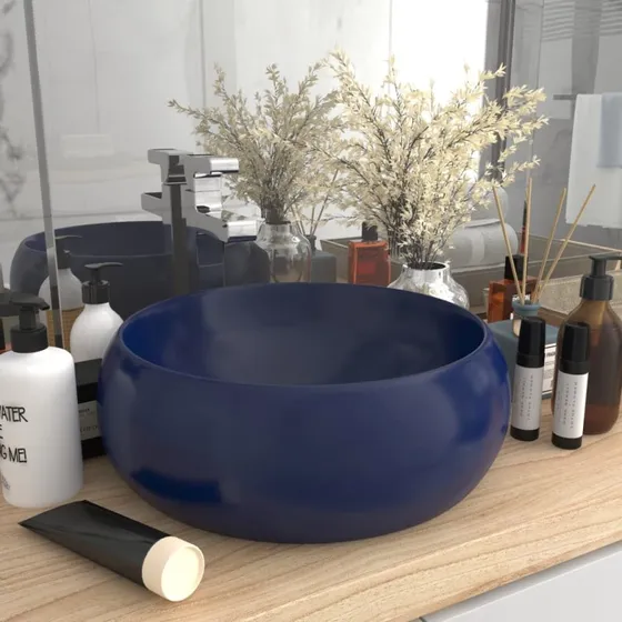 vidaXL rund håndvask 40x15 cm i mat mørkeblå keramik