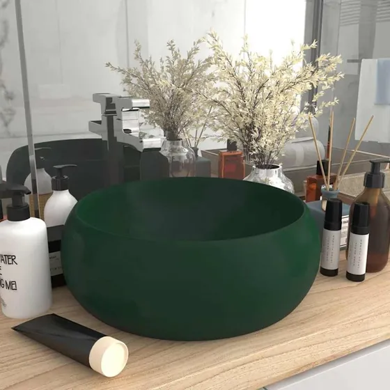 vidaXL rund håndvask 40x15 cm i mat mørkegrøn keramik