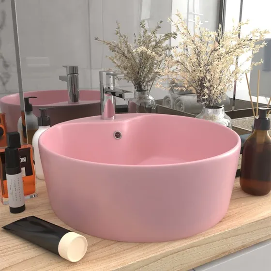 vidaXL håndvask med overløb 36x13 cm keramik mat pink