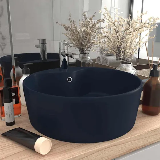 vidaXL keramisk håndvask med overløb 36x13 cm mat mørkeblå