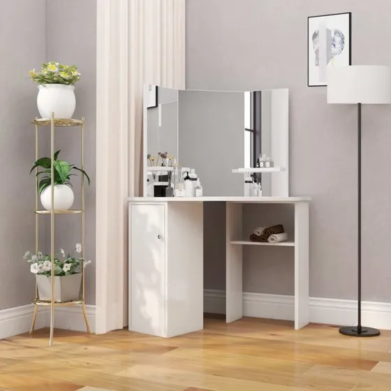vidaXL Hjørne-toiletbord i MDF med 3-panel spejl