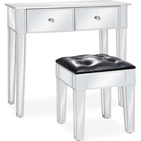 vidaXL spejl-kosmetikbord med skammel, MDF og spejlglas