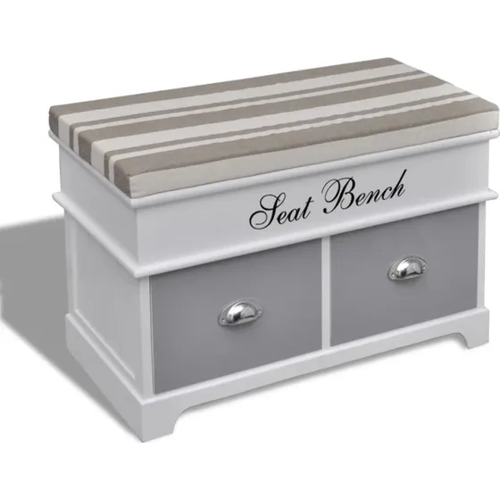 Hvid opbevaringsbnk med gr pudetop og 2 skuffer