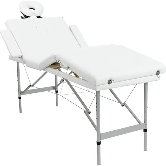 Cremefarvet sammenfoldeligt 4-zoners massagebord med aluminiumsstel