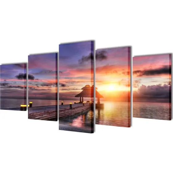 Lærredsbilleder 100x50 cm (5-panel) – Strand med pavillon