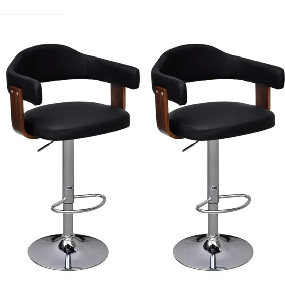 Barstole 2 stk. i bøjet træ med valnødfiner og sort polster