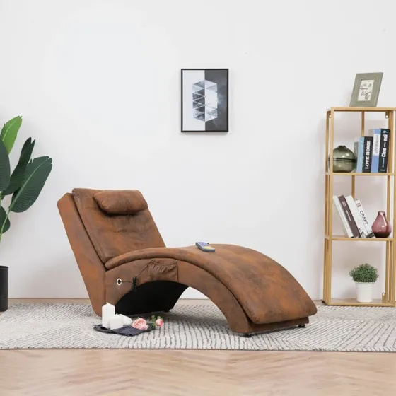 vidaXL massagechaiselong med pude i imiteret ruskind, brun