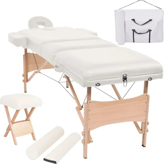 vidaXL foldbart 3-zoners massagebord 10 cm med skammel, hvid