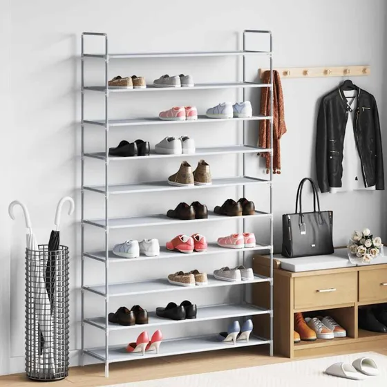vidaXL skostativ 10 hylder, metal/ikke-vævet stof, sølv 100x29,5x170 cm