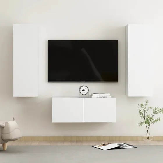 vidaXL TV-møbel 3 dele i konstrueret træ, hvid 80 cm