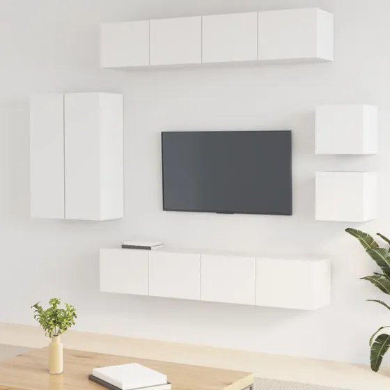TV-skabssæt 8 dele, konstrueret træ hvid 90 cm
