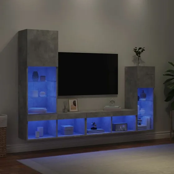 vidaXL TV-møbel væg 4 dele med RGB LED, konstrueret træ - betongrå