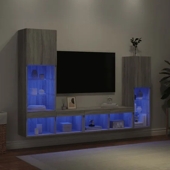 vidaXL væghængt TV-møbel 4 dele med RGB LED, Grå Sonoma