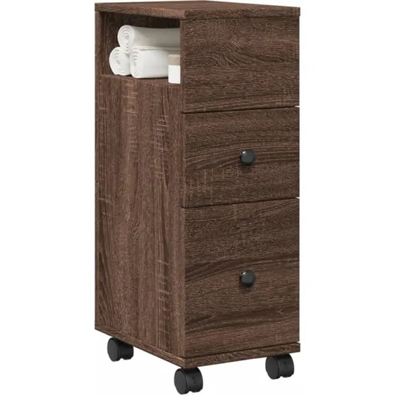 vidaXL smalt badeværelsesskab på hjul konstrueret træ brun egetræ