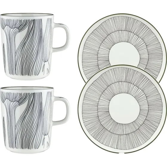 Marimekko Kukat Puhkeavat morgenmadssæt 4 dele, hvid/grøn/sort