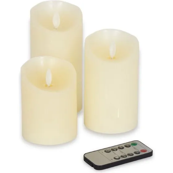 LED bloklys 3 stk. med bevægelig flamme, hvid (10/12,5/15 cm)