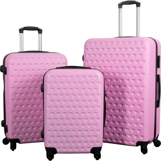 Kuffertst 3 stk Hardcase - Lyserd med hjerter