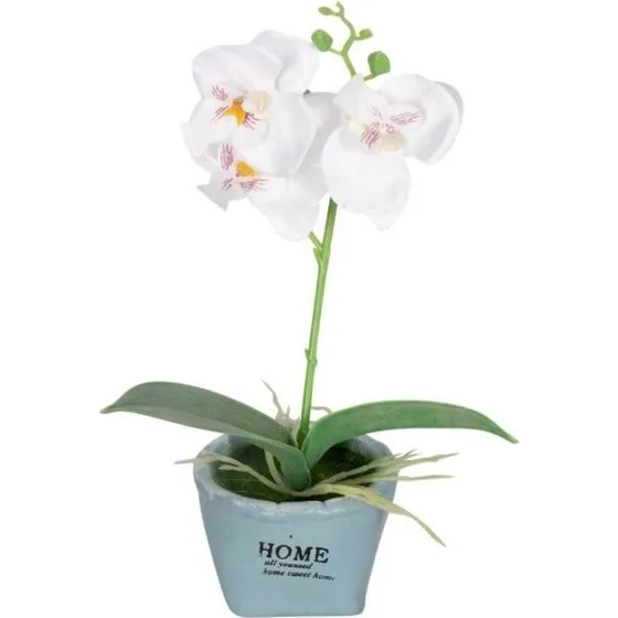 Kunstig orkidé 26 cm, hvid i hvid lerpotte