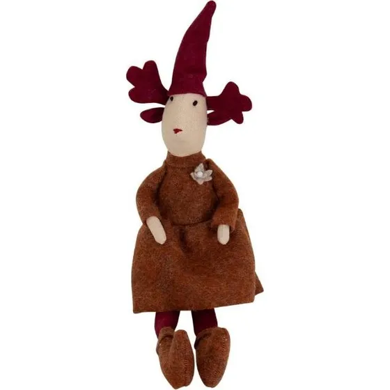Julenisse 45 cm siddende nissepige i bldt filt, gr/bordeaux