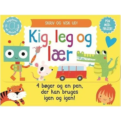 Skriv og visk ud – Kig, leg og lær (kuffert med 4 bøger og pen)