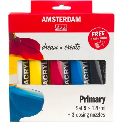 Amsterdam Akrylfarvesæt 5 x 120 ml + 3 doseringsmundstykker