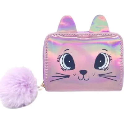 Tinka holografisk pung med kat, rosa (med lynls)
